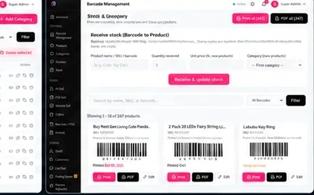 Barcode-based stock management and product labels.