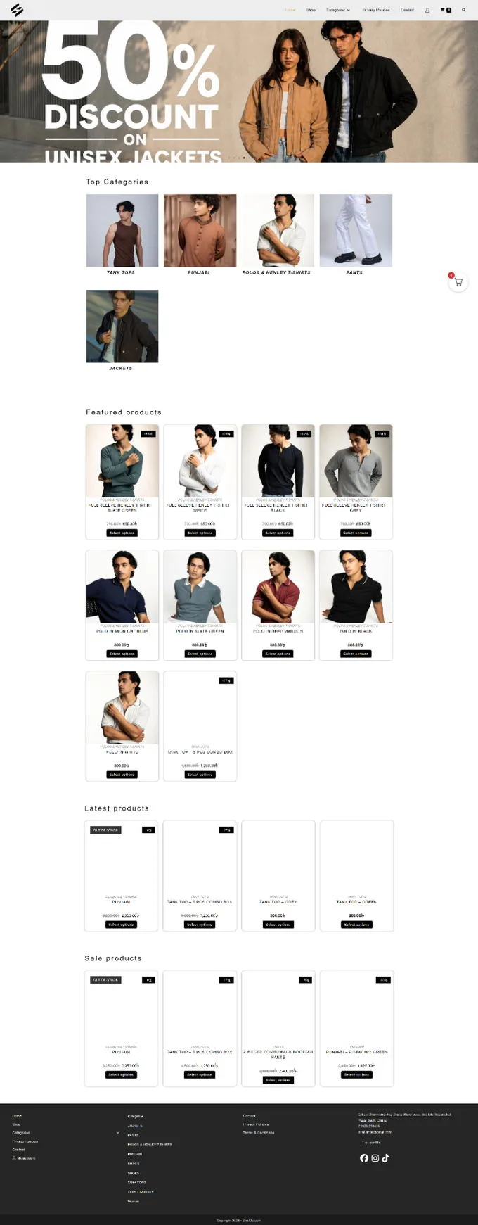 Live storefront: apparel categories, featured products, sale pricing, and shopping navigation.